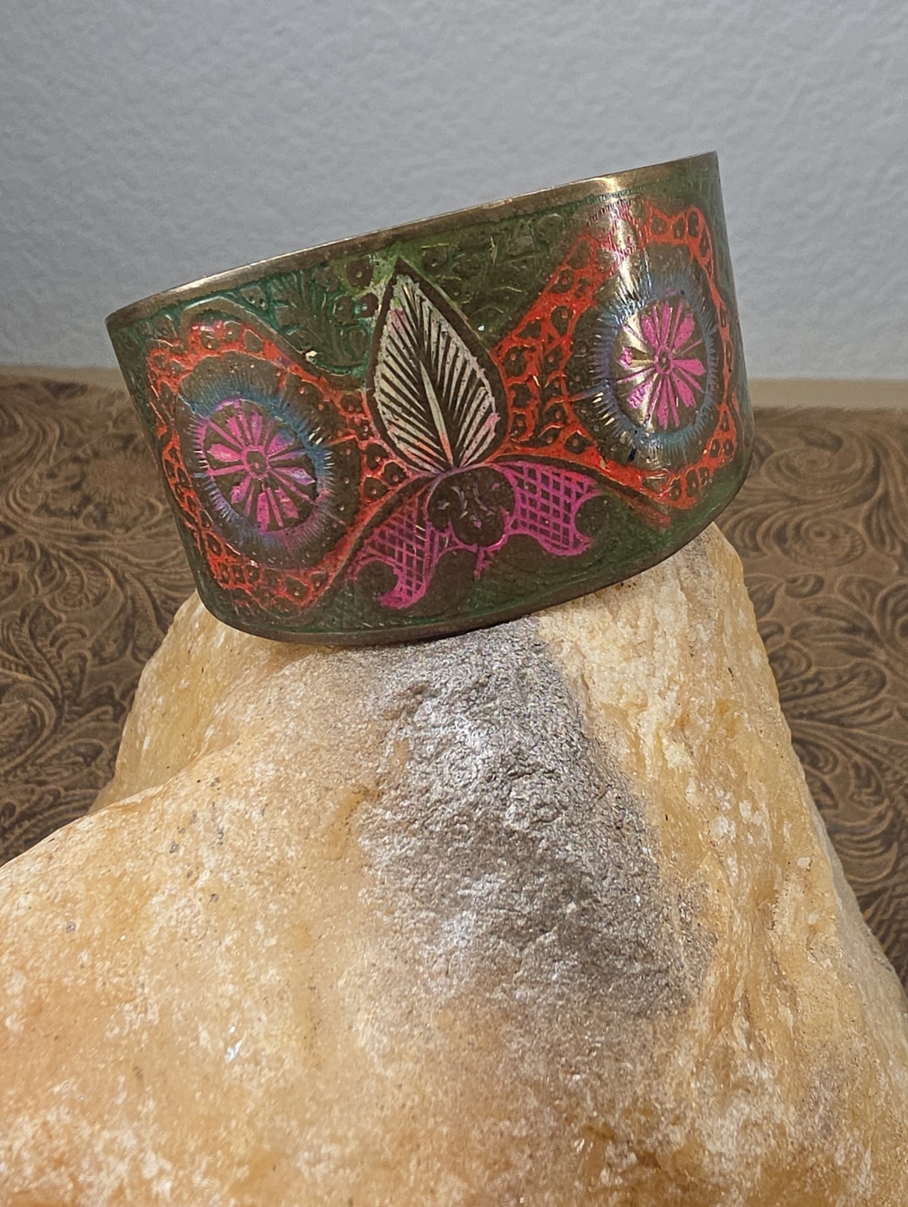 Vintage Multi-Color Painted Floral Boho Tribal Unique Collectible Cuff Bracelet